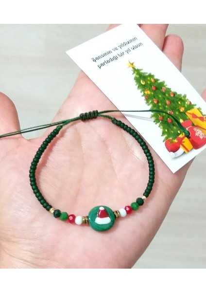 Yılbaşı Kartlı El Yapımı Cam Noel Şapkalı Kristal ve Miyuki Round Boncuklu Bileklik