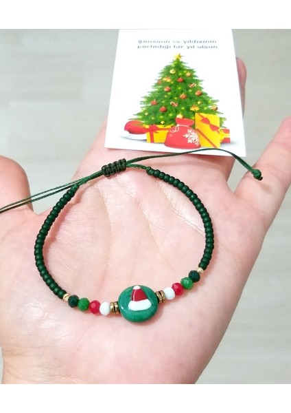 Yılbaşı Kartlı El Yapımı Cam Noel Şapkalı Kristal ve Miyuki Round Boncuklu Bileklik