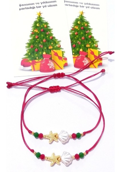 Iki Adet Yılbaşı Kartlı Deniz Kabuklu ve Deniz Yıldızlı Kristal Boncuklu Bileklik
