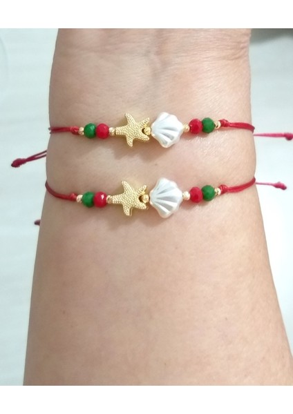 Iki Adet Yılbaşı Kartlı Deniz Kabuklu ve Deniz Yıldızlı Kristal Boncuklu Bileklik modelleri