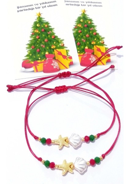 Iki Adet Yılbaşı Kartlı Deniz Kabuklu ve Deniz Yıldızlı Kristal Boncuklu Bileklik fırsatları