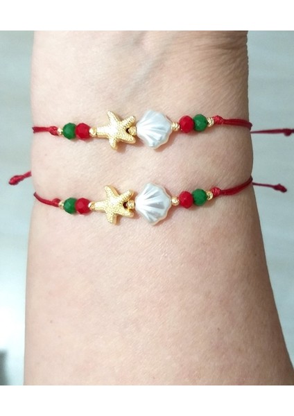 Iki Adet Yılbaşı Kartlı Deniz Kabuklu ve Deniz Yıldızlı Kristal Boncuklu Bileklik
