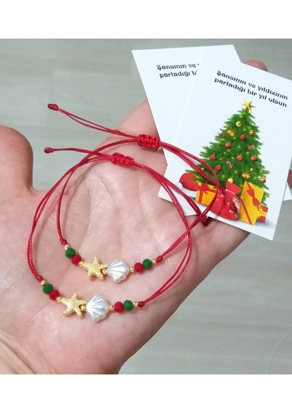 Iki Adet Yılbaşı Kartlı Deniz Kabuklu ve Deniz Yıldızlı Kristal Boncuklu Bileklik