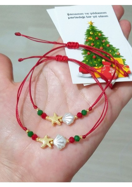 Iki Adet Yılbaşı Kartlı Deniz Kabuklu ve Deniz Yıldızlı Kristal Boncuklu Bileklik