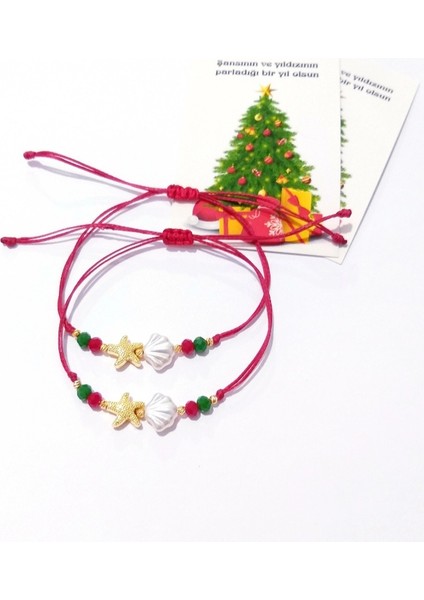 Iki Adet Yılbaşı Kartlı Deniz Kabuklu ve Deniz Yıldızlı Kristal Boncuklu Bileklik