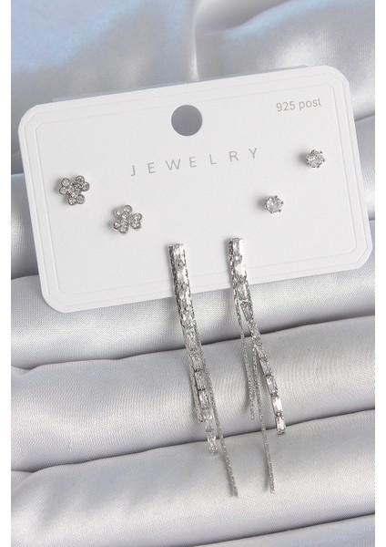 Pirinç Gümüş Renk Su Yolu Zirkon Taşlı Sallantı Model Çiçek Detay 925 Ayar Gümüş Çivi Kadın Küpe Seti - TJ-BKP10491