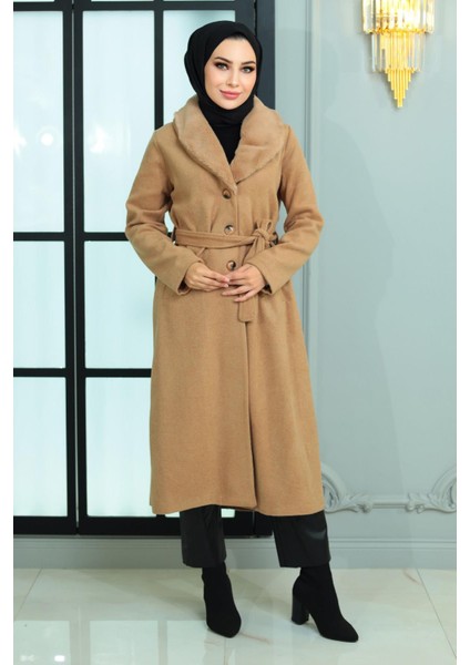 Geniş Kürk Yakalı Kaşe Kaban Vizon 19174