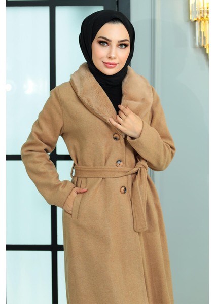 Geniş Kürk Yakalı Kaşe Kaban Vizon 19174 fiyatları