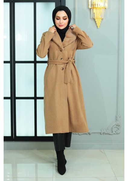 Geniş Kürk Yakalı Kaşe Kaban Vizon 19174 modelleri