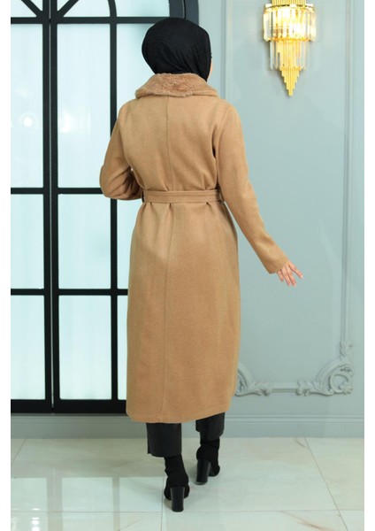 Geniş Kürk Yakalı Kaşe Kaban Vizon 19174 fırsatları