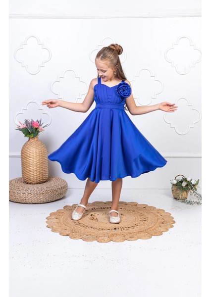 Kız Çocuk Abiye Elbise Pileli Omuz Çiçek Detaylı Düğün ve Özel Gün Elbisesi