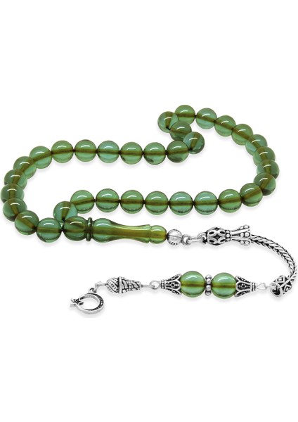 925 Ayar Gümüş Ay Yıldız Püsküllü Küre Kesim Su Yeşili Ateş Kehribar Tesbih