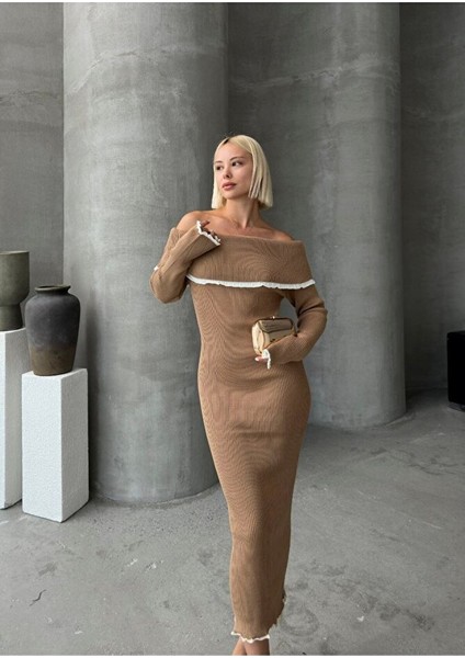 Madonna Yaka Kadın Triko Midi Elbise Ekru fiyatları