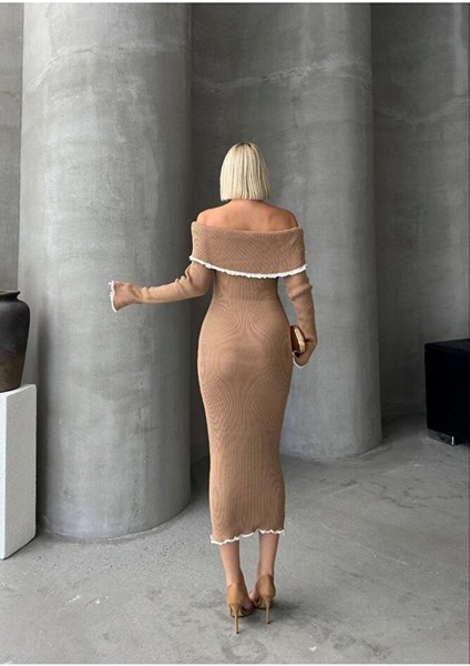 Madonna Yaka Kadın Triko Midi Elbise Ekru modelleri