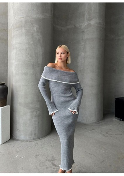 Madonna Yaka Kadın Triko Midi Elbise Ekru