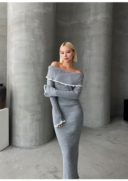 Madonna Yaka Kadın Triko Midi Elbise Ekru modelleri