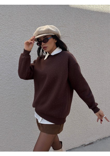 Kadın Kahve Taşlı Oversize Sweatshirt 30067