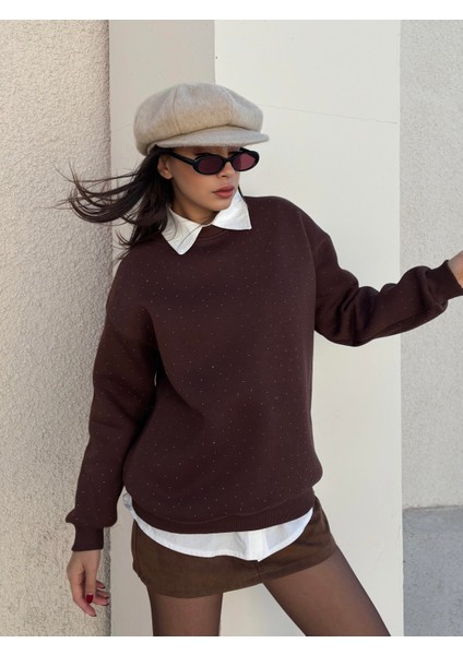 Kadın Kahve Taşlı Oversize Sweatshirt 30067 fiyatları
