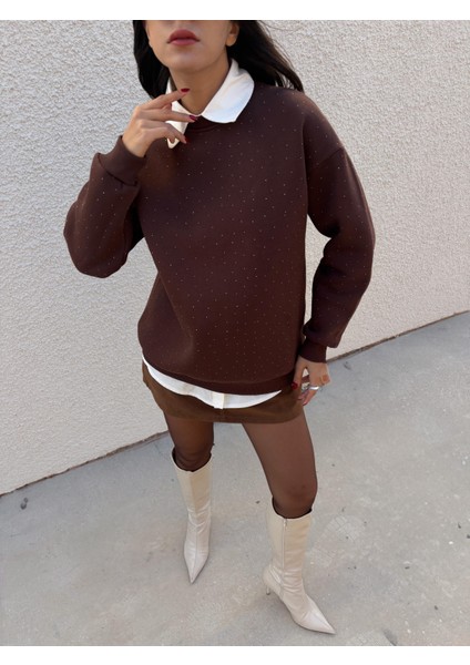 Kadın Kahve Taşlı Oversize Sweatshirt 30067 fırsatları