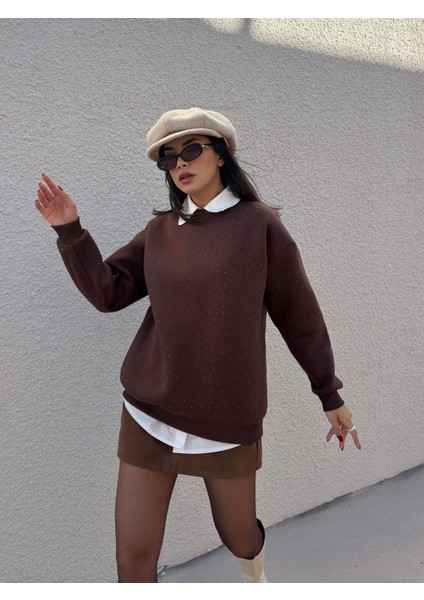 Kadın Kahve Taşlı Oversize Sweatshirt 30067