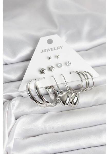 Pirinç Gümüş Renk 6 Çift Kadın Küpe Seti - TJ-BKP11340