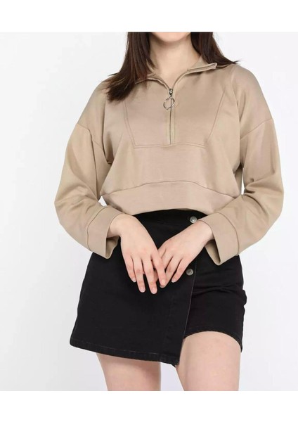 Esnek Kumaş Fermuar Detaylı Kadın Crop Top Sweatshirt fiyatları
