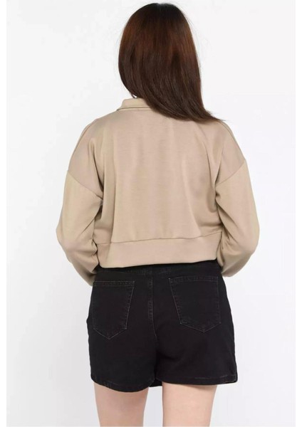 Esnek Kumaş Fermuar Detaylı Kadın Crop Top Sweatshirt modelleri