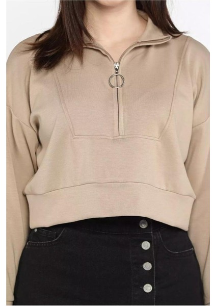 Esnek Kumaş Fermuar Detaylı Kadın Crop Top Sweatshirt fırsatları