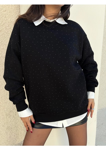Kadın Siyah Taşlı Oversize Sweatshirt 30067