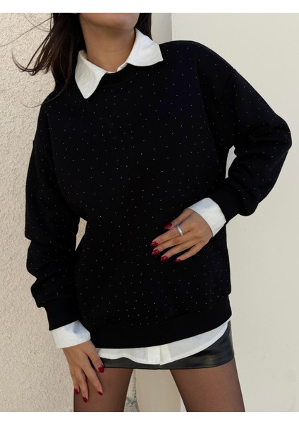 Kadın Siyah Taşlı Oversize Sweatshirt 30067 fiyatları
