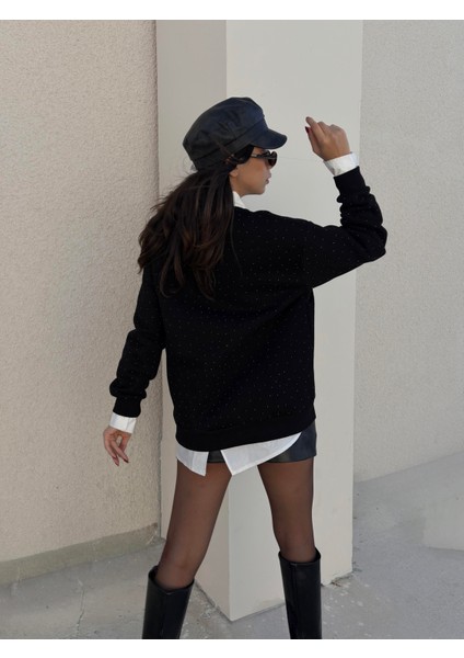 Kadın Siyah Taşlı Oversize Sweatshirt 30067 modelleri