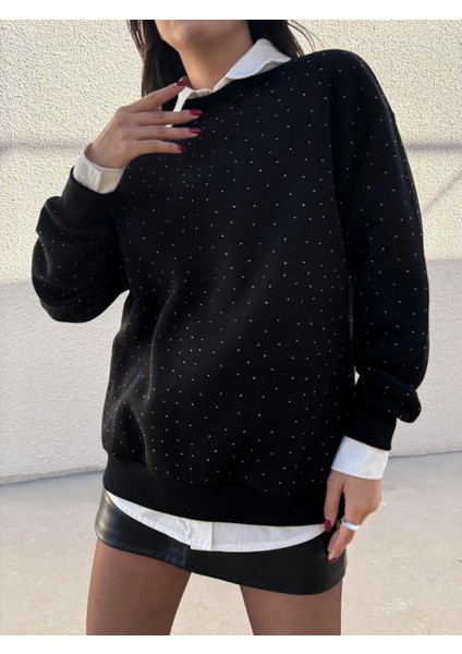 Kadın Siyah Taşlı Oversize Sweatshirt 30067 fırsatları