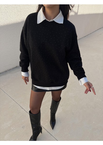 Kadın Siyah Taşlı Oversize Sweatshirt 30067 indirimleri