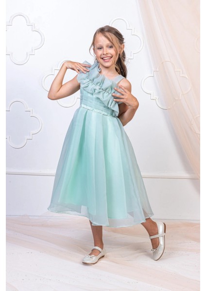 Kız Çocuk Tek Omuz Fırfır Detaylı Abiye Elbise