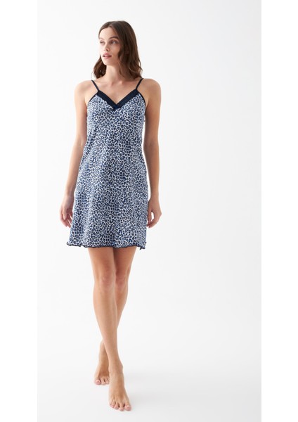 Kadın Mavi Leopar Desenli Dantel Detaylı Ip Askılı Gecelik fırsatları