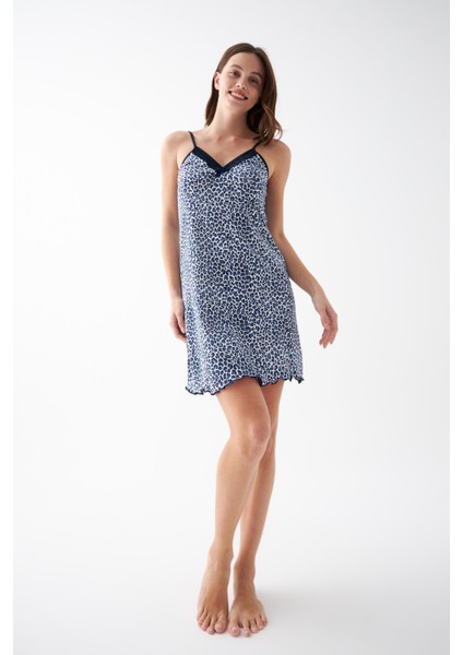 Kadın Mavi Leopar Desenli Dantel Detaylı Ip Askılı Gecelik indirimleri