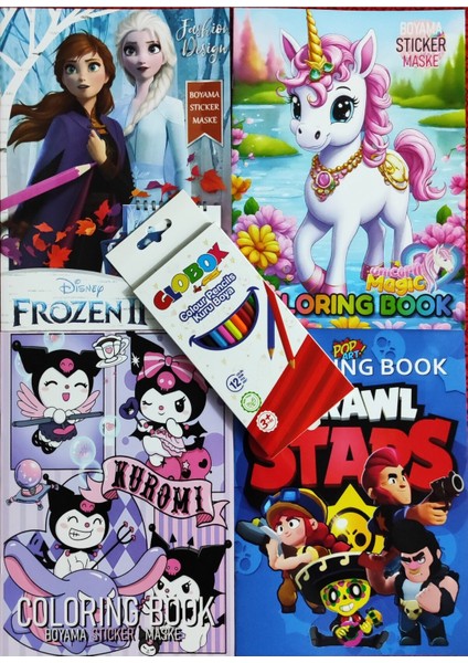 4 Adet Stickerli Boyama Kitabı 12 Li Kuru Boya Kalemi Hediyeli (BRAWLSTARS/UNICORN/KUROMI/FROZEN)X13