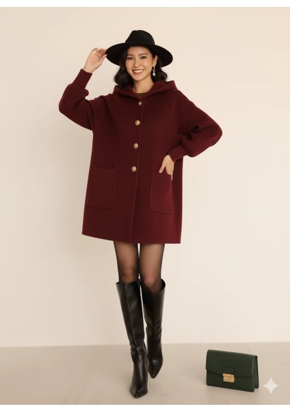 Kadın Oversize Bol Kesim Diz Üstü Siyah Kaban Büyük Cepli Yünlü Kumaş Kapüşon Detaylı