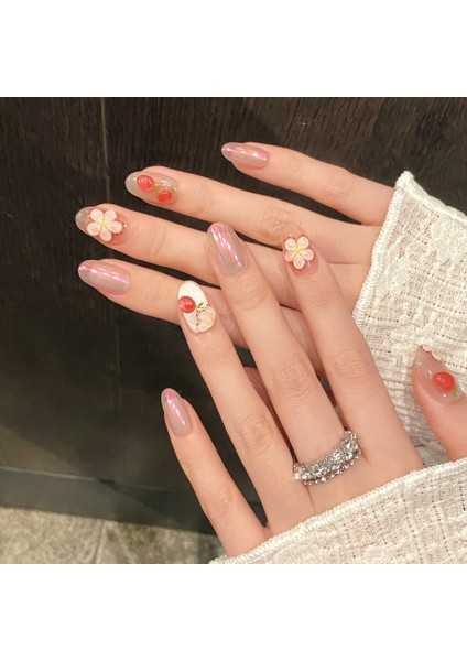 10'lu Pembe Kısa Oval TT1323 Tekrar Kullanılabilir El Yapımı Protez Takma Tırnak - Pembe-M