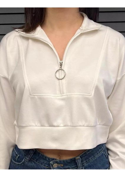 Esnek Kumaş Fermuar Detaylı Kadın Crop Top Sweatshirt modelleri