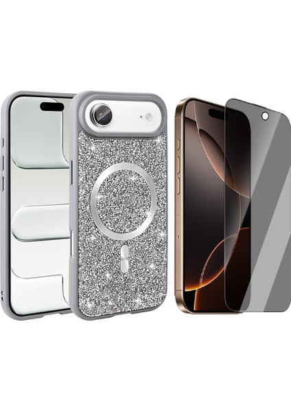 iPhone 17 Air Kılıf Pırlanta Tasarımlı M-Safe Şarj Özellikli Zore Mozaik Silikon Kapak + Hayalet Ekran Koruyucu