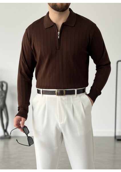 Koyu Kahve Yarım Fermuar Polo Yaka Triko Fitilli Kazak