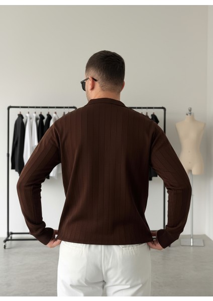 Koyu Kahve Yarım Fermuar Polo Yaka Triko Fitilli Kazak modelleri