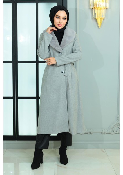 Geniş Kürk Yakalı Kaşe Kaban Gri 19174 modelleri