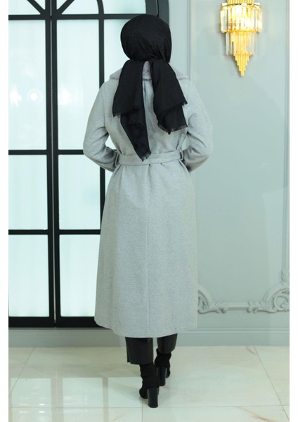 Geniş Kürk Yakalı Kaşe Kaban Gri 19174 fırsatları