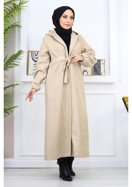 Önden Bağlamalı Kaşe Kaban Bej 19169