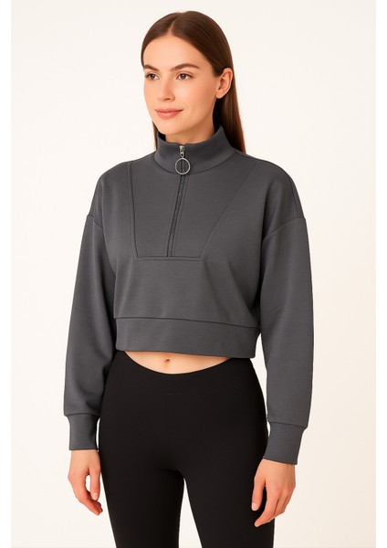 Esnek Kumaş Fermuar Detaylı Kadın Crop Top Sweatshirt