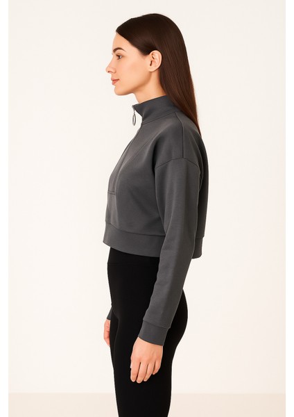 Esnek Kumaş Fermuar Detaylı Kadın Crop Top Sweatshirt fiyatları