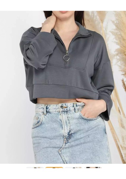 Esnek Kumaş Fermuar Detaylı Kadın Crop Top Sweatshirt modelleri