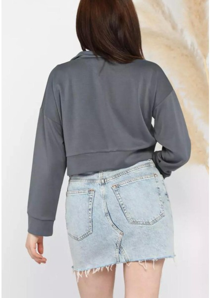 Esnek Kumaş Fermuar Detaylı Kadın Crop Top Sweatshirt indirimleri